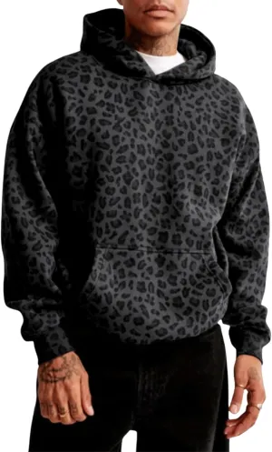 CORIRESHA Men Y2K Leopard Print Hoodie Long Sleeve Casual Vintage Pullover Sweatshirt With Pockets