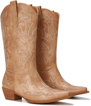 Cowgirl Boots Women – Western Mid-Calf Cowboy Boots with Pointy Toe & 2-Inch Chunky Heel, Embroidered Fashion Boots