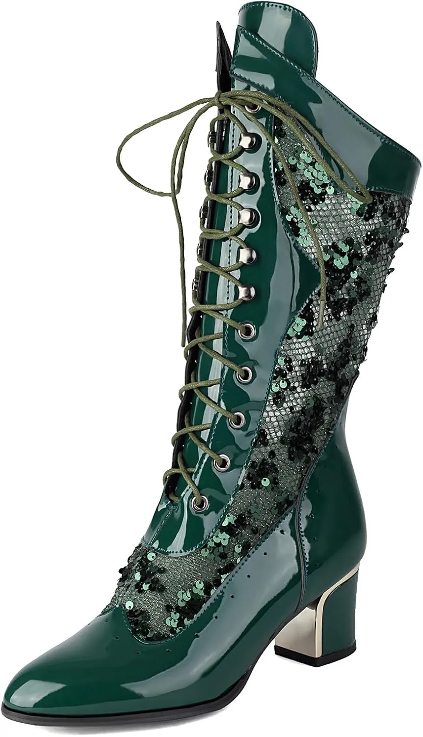Cozivwaiy Women's Mesh Sequins Mid Calf Boots Point Toe Lace Up Victorian Boots Thick Heel Wedding Bridal