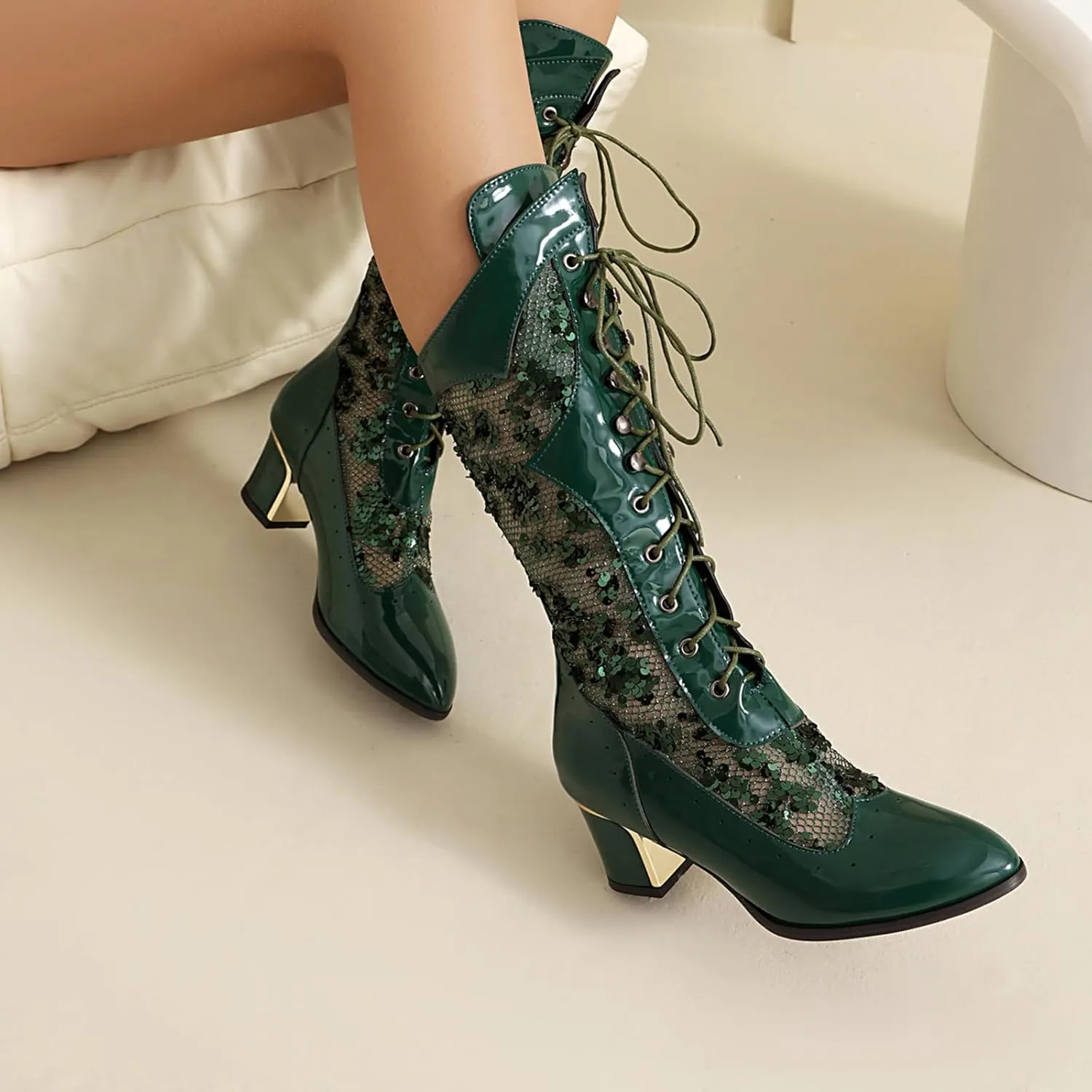 Cozivwaiy Women's Mesh Sequins Mid Calf Boots Point Toe Lace Up Victorian Boots Thick Heel Wedding Bridal