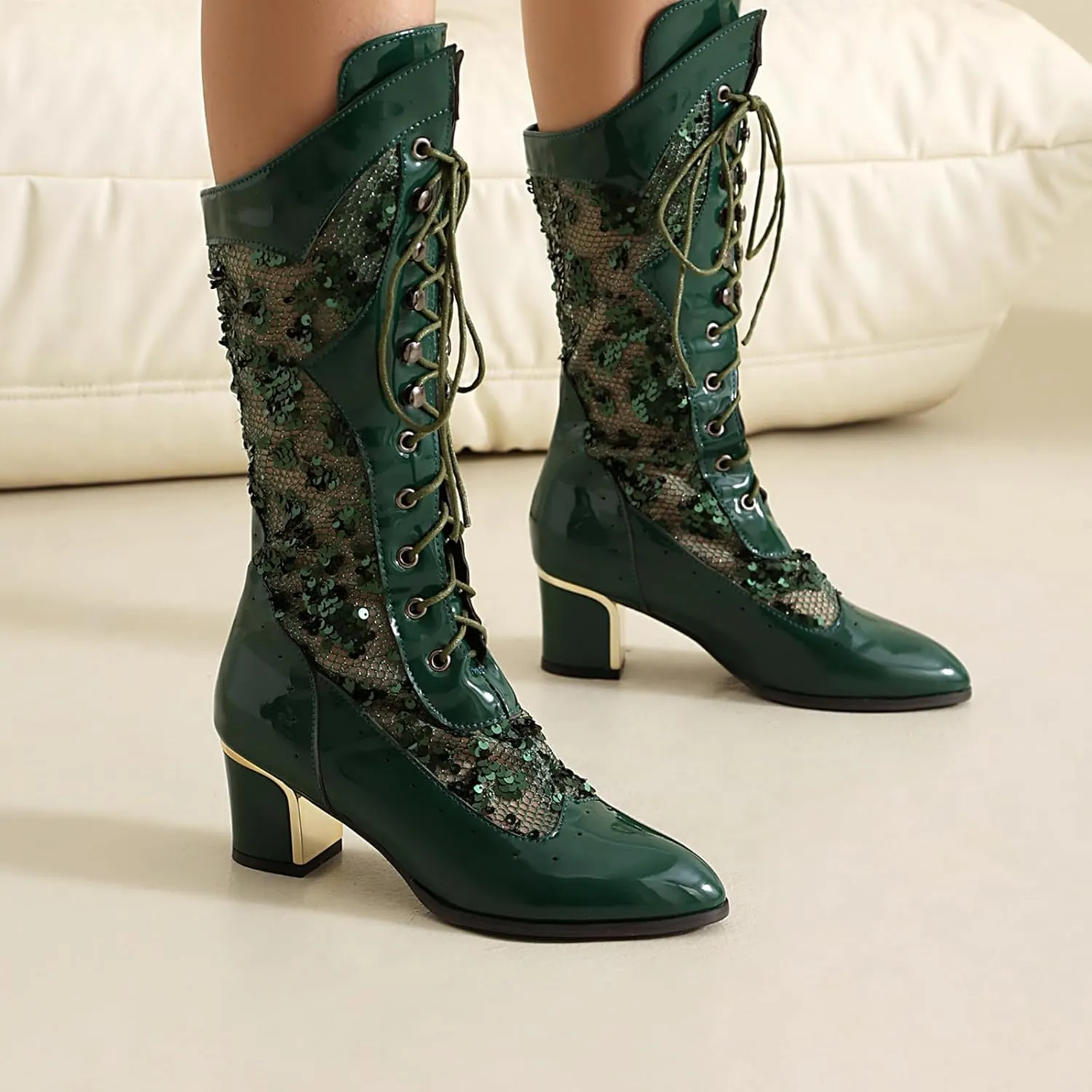 Cozivwaiy Women's Mesh Sequins Mid Calf Boots Point Toe Lace Up Victorian Boots Thick Heel Wedding Bridal