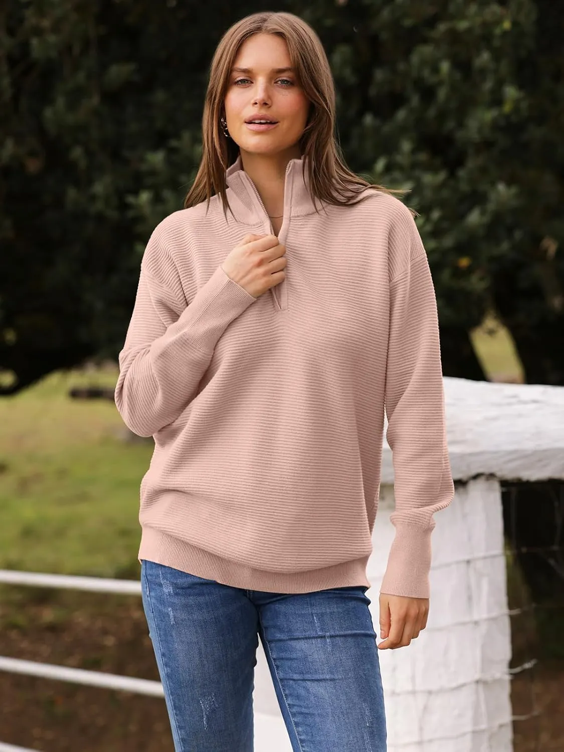 DEEP SELF Fall Women V Neck 1/4 Zip Pullover Stretch Sweater Long Sleeve Stand Collared Ribbed Knitted Solid Sweaters