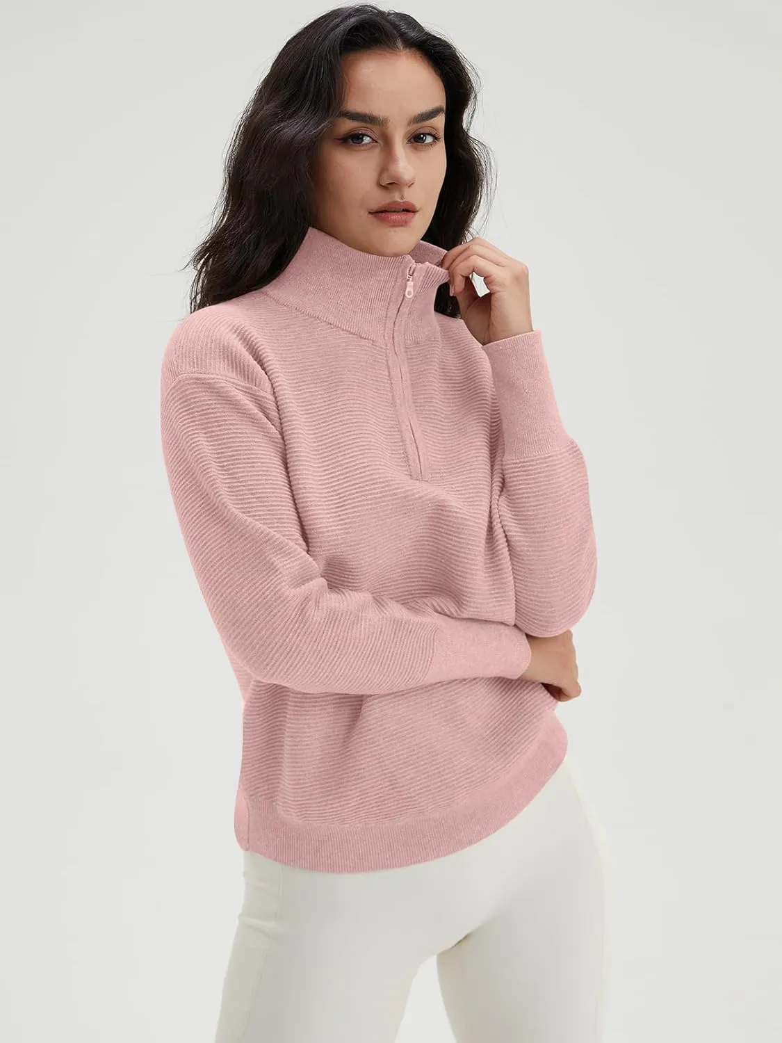 DEEP SELF Fall Women V Neck 1/4 Zip Pullover Stretch Sweater Long Sleeve Stand Collared Ribbed Knitted Solid Sweaters