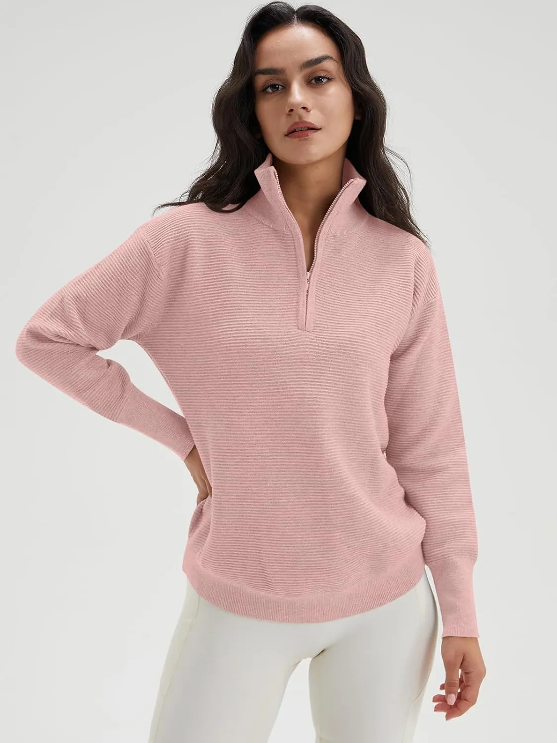 DEEP SELF Fall Women V Neck 1/4 Zip Pullover Stretch Sweater Long Sleeve Stand Collared Ribbed Knitted Solid Sweaters