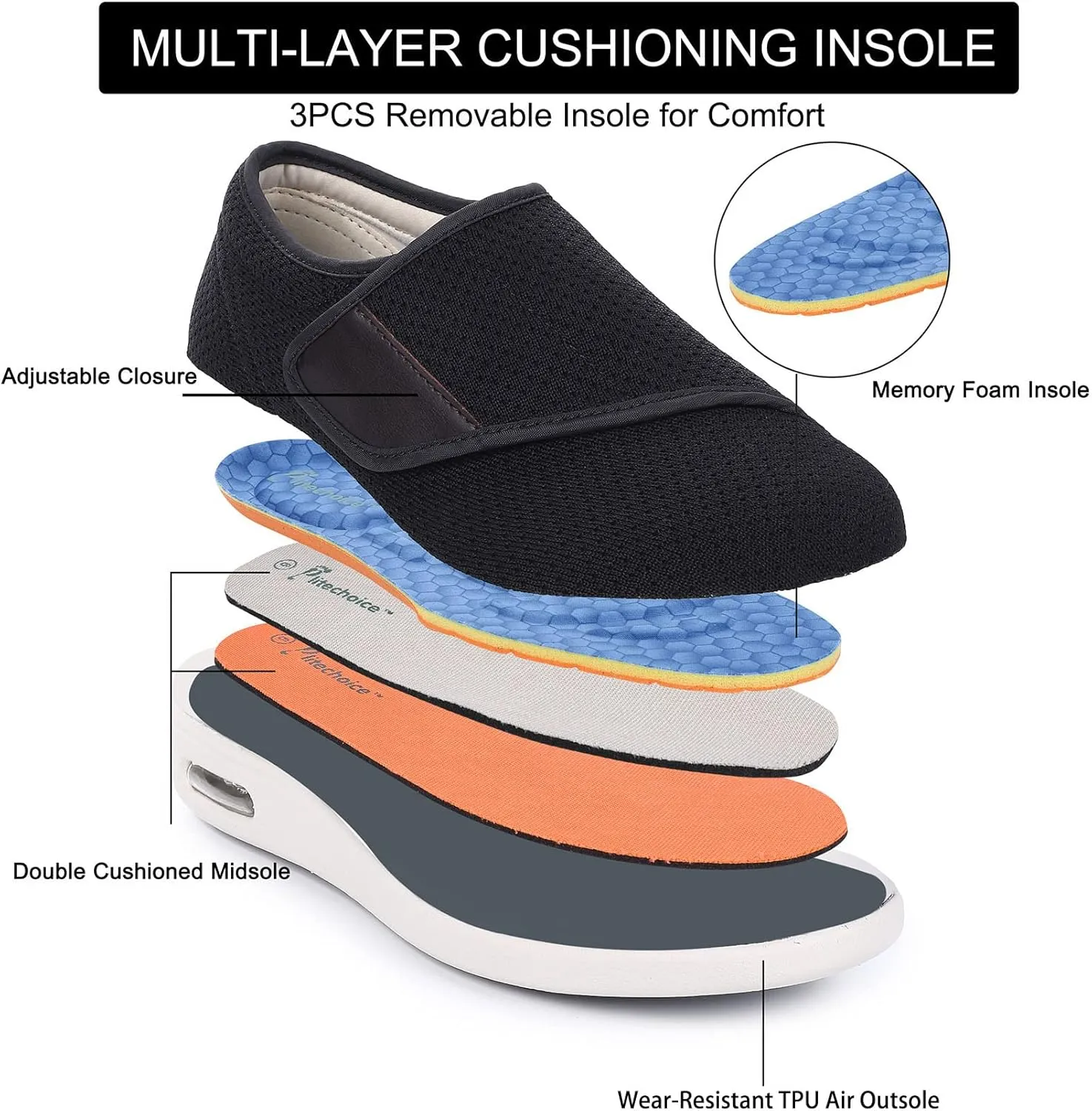 Diabetic Shoes for Women, Women's Wide Width Elderly Shoes, Adjustable Closure Lightweight Breathable, Swollen Feet Walking Edema Sneakers