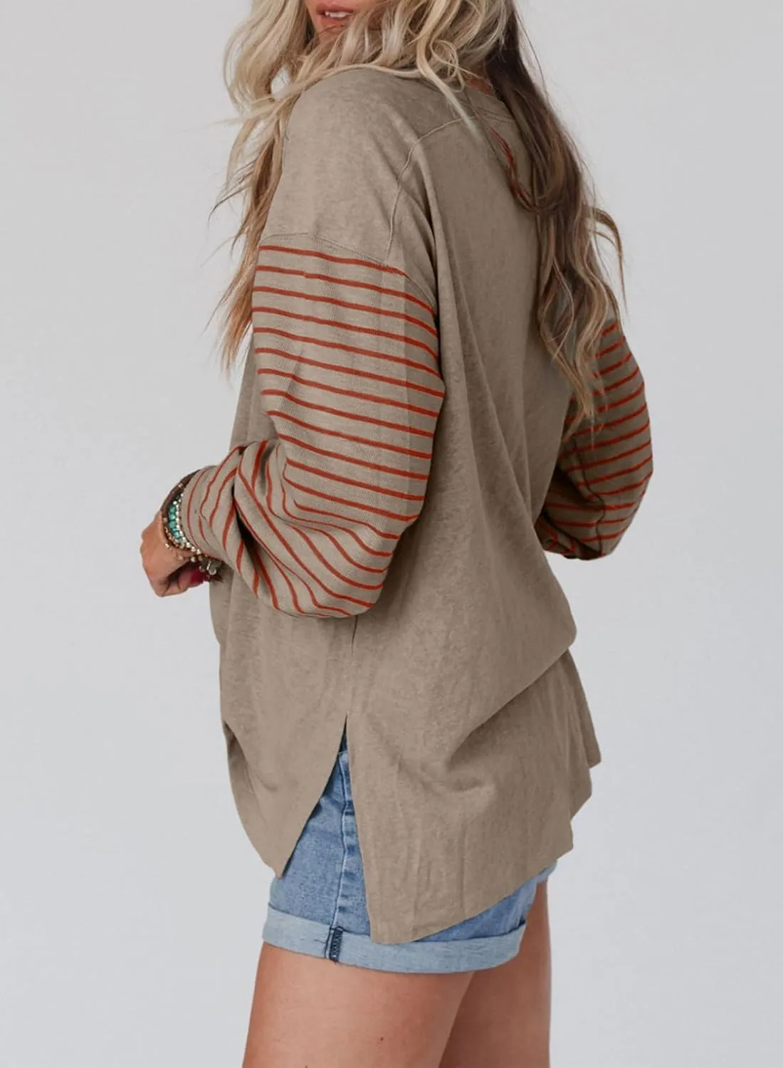 Dokotoo Long Sleeve Spring Tops Oversized 2025 Trendy Round Crew Neck Casual Color Block Womens Shirts Blouses