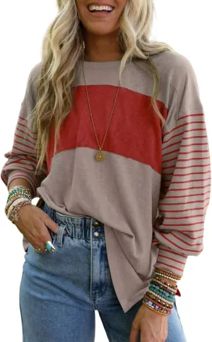 Dokotoo Long Sleeve Spring Tops Oversized 2025 Trendy Round Crew Neck Casual Color Block Womens Shirts Blouses