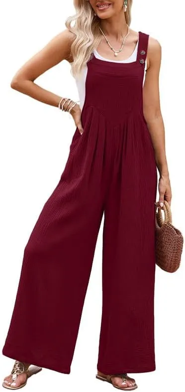 Dokotoo Women's Casual Loose Overalls Jumpsuits One Piece Sleeveless Wide Leg Long Pant Rompers With Pockets