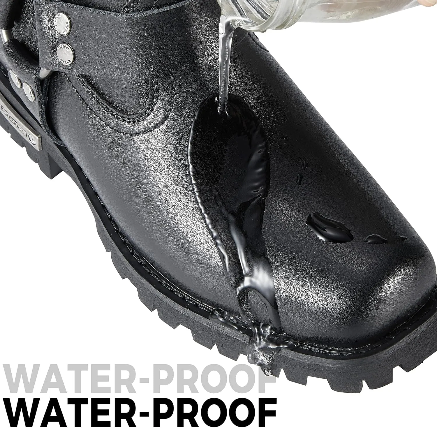 Dream Apparel Women's 8in Harness Motorcycle Boots for Riding, Square Toe Biker Boots, Waterproof Black PU Leather Mid Calf Footwear