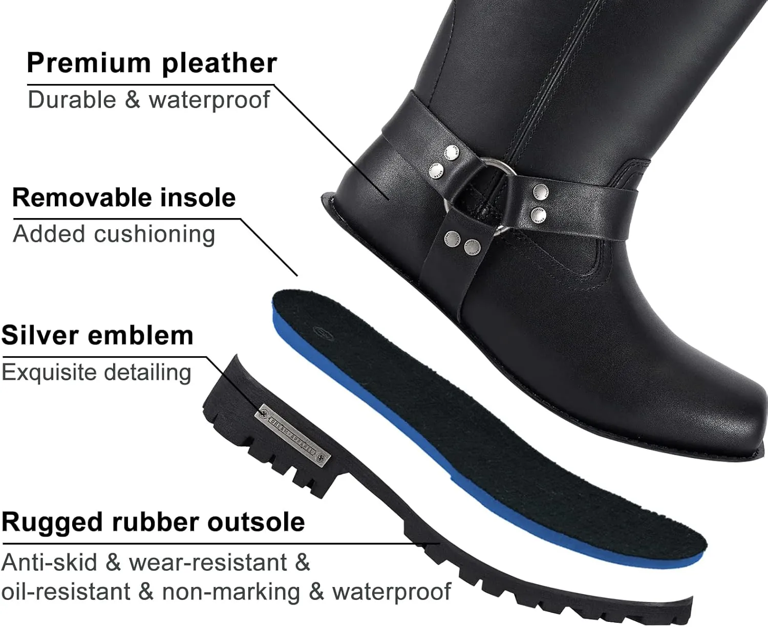 Dream Apparel Women's 8in Harness Motorcycle Boots for Riding, Square Toe Biker Boots, Waterproof Black PU Leather Mid Calf Footwear