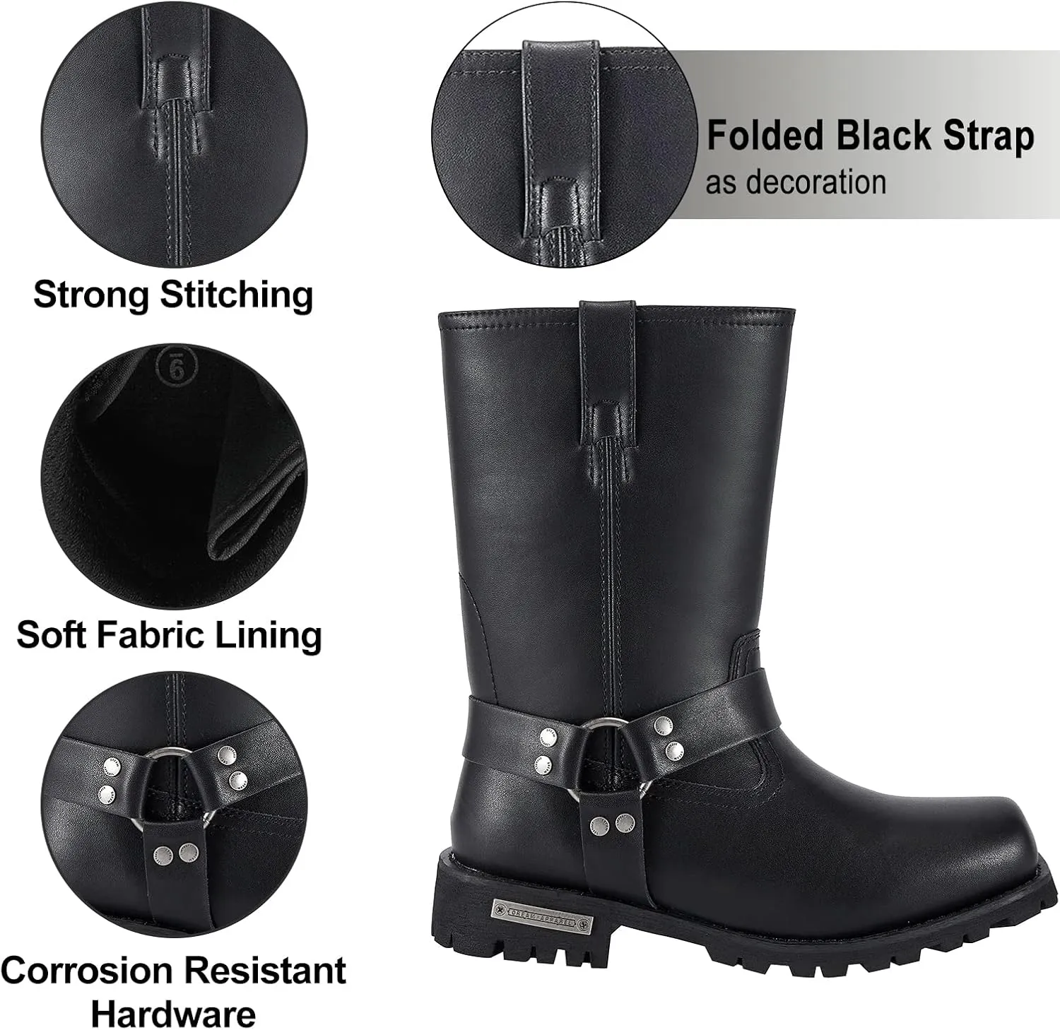 Dream Apparel Women's 8in Harness Motorcycle Boots for Riding, Square Toe Biker Boots, Waterproof Black PU Leather Mid Calf Footwear