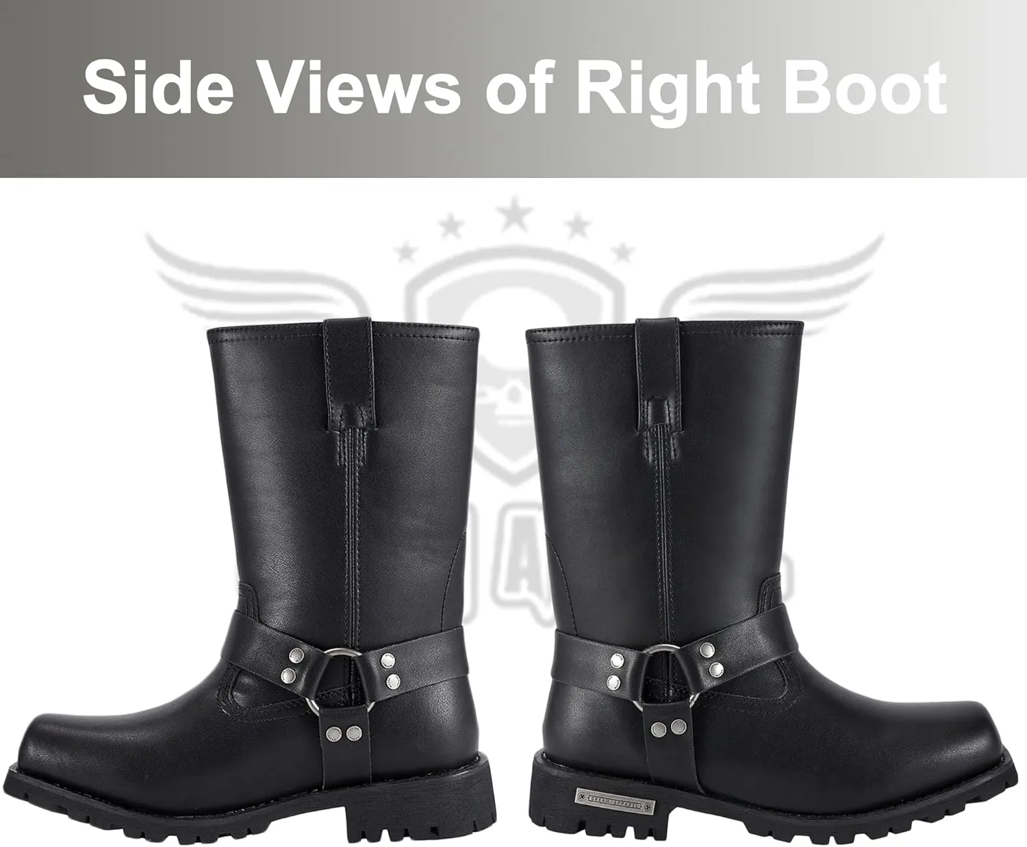 Dream Apparel Women's 8in Harness Motorcycle Boots for Riding, Square Toe Biker Boots, Waterproof Black PU Leather Mid Calf Footwear