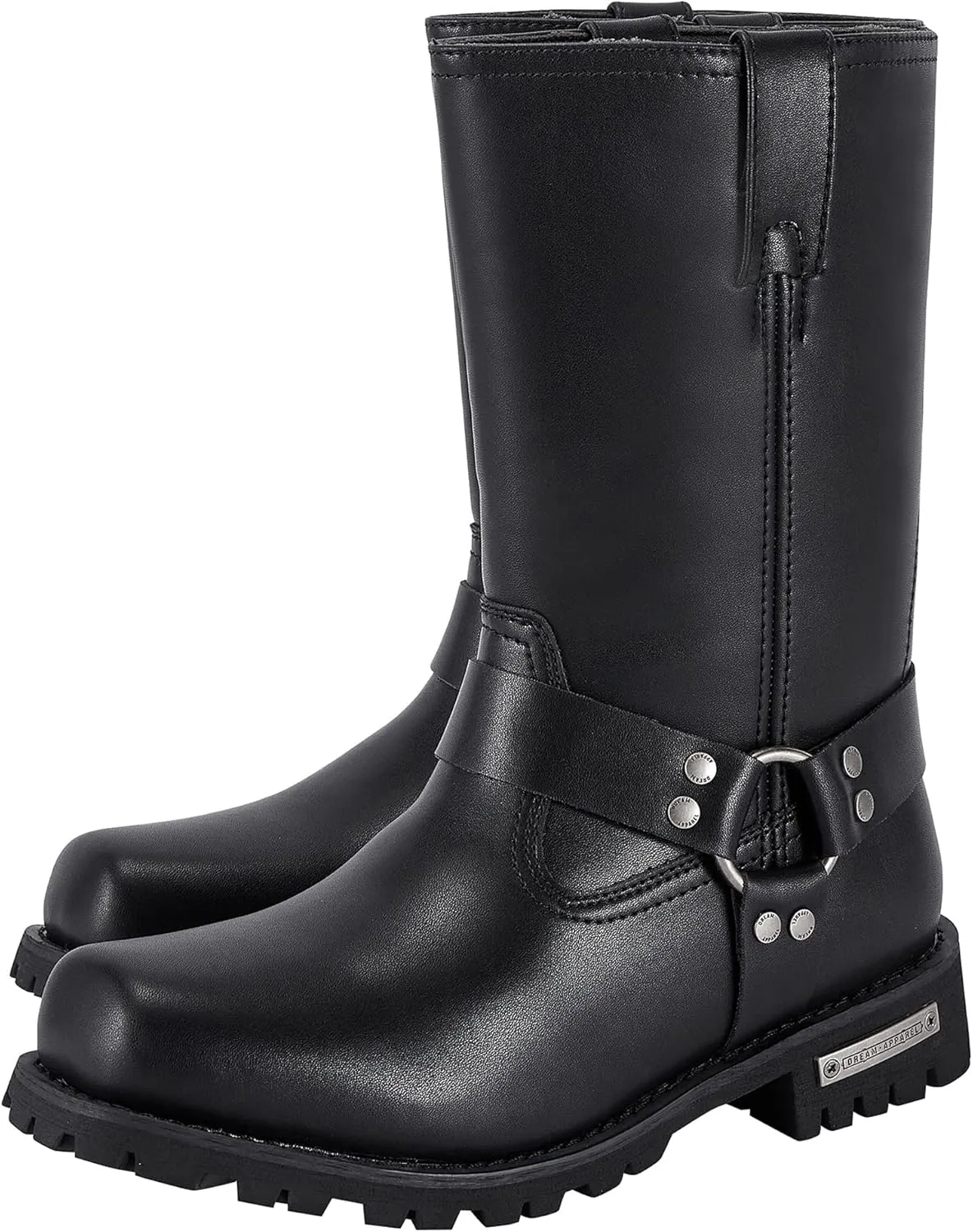Dream Apparel Women's 8in Harness Motorcycle Boots for Riding, Square Toe Biker Boots, Waterproof Black PU Leather Mid Calf Footwear