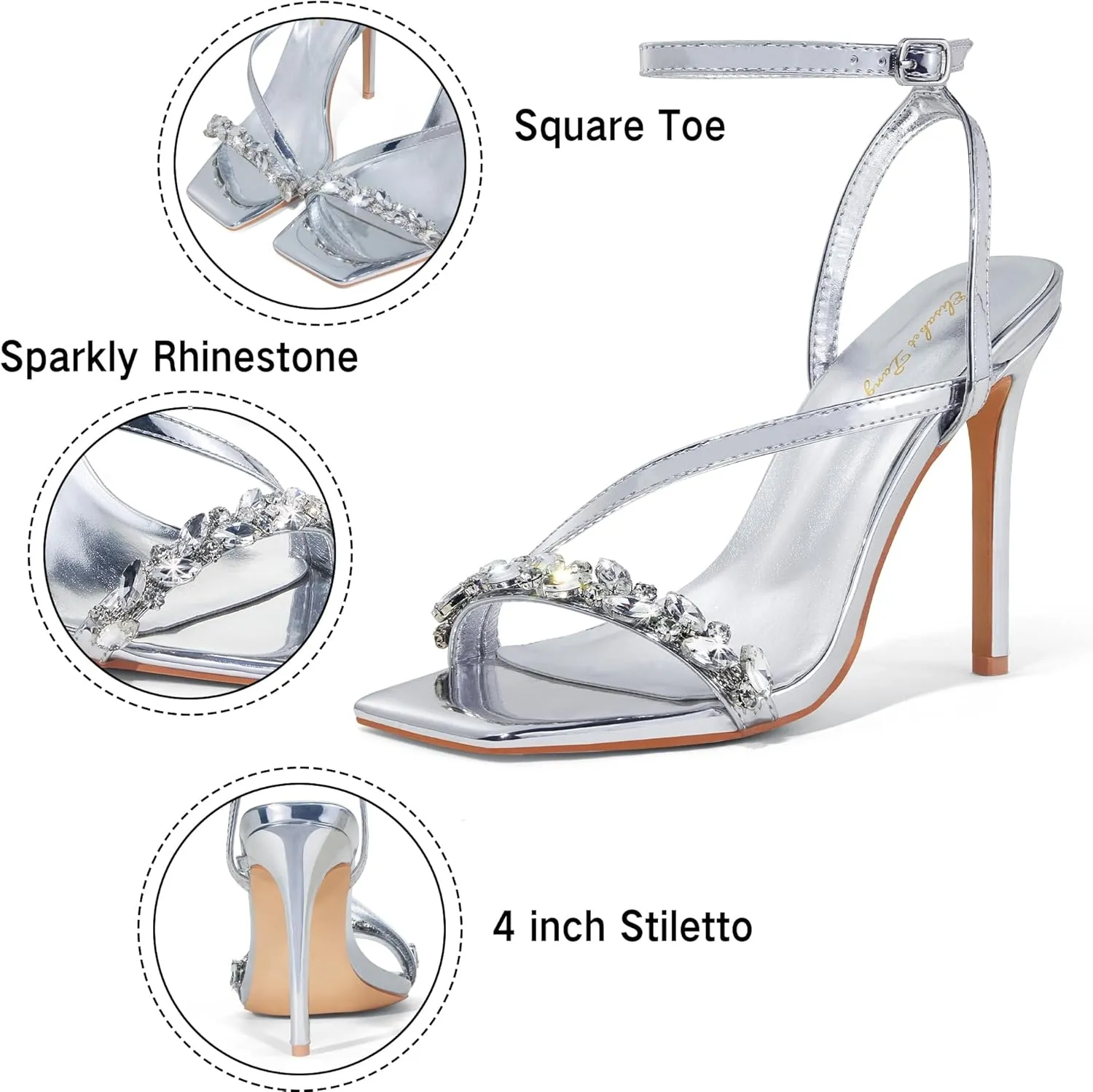 Elisabet Tang Women’s Crystal Stilettos Heeled Sandals, 4 Inch Square Open Toe Strappy Sexy High Heels Ankle Strap Buckle Heels for Party Wedding Dress Daily Wear Shoes