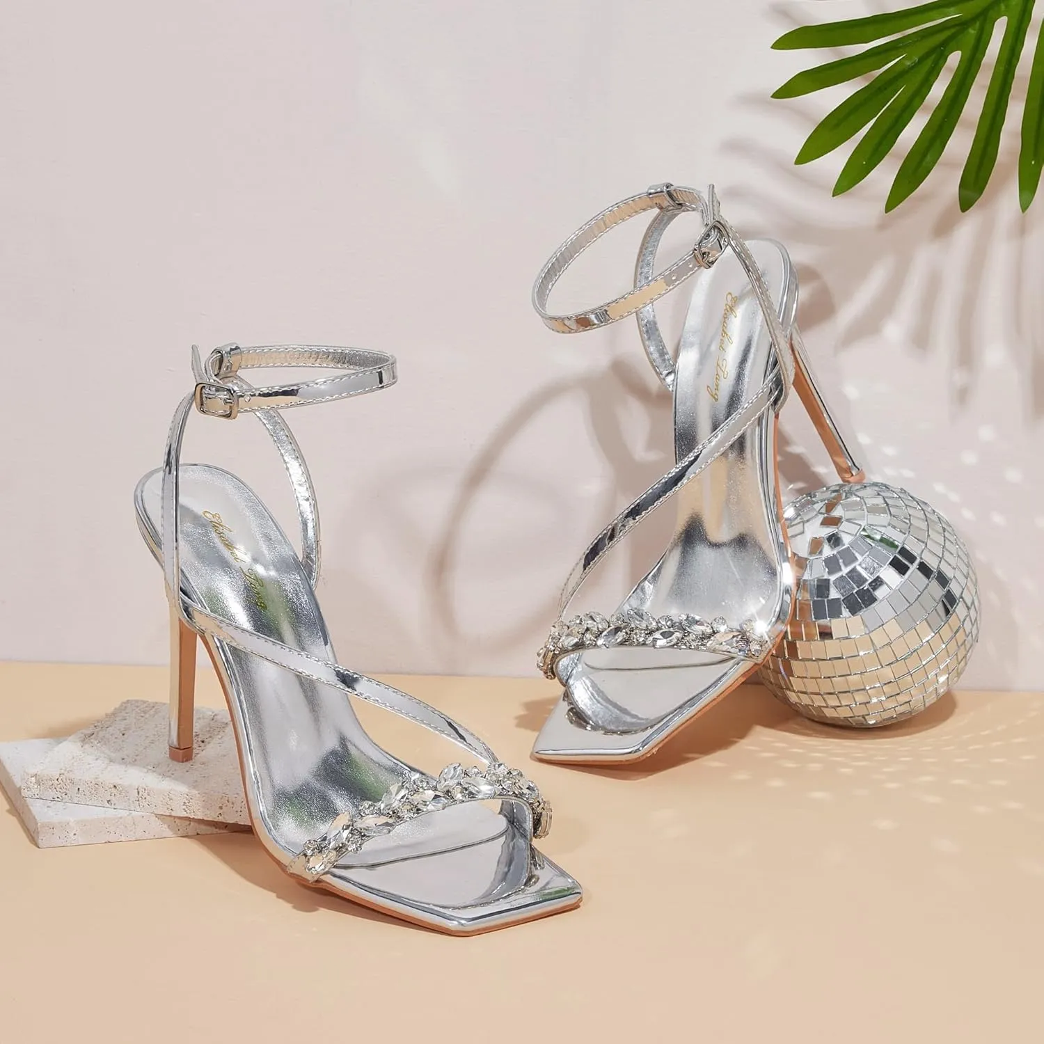 Elisabet Tang Women’s Crystal Stilettos Heeled Sandals, 4 Inch Square Open Toe Strappy Sexy High Heels Ankle Strap Buckle Heels for Party Wedding Dress Daily Wear Shoes