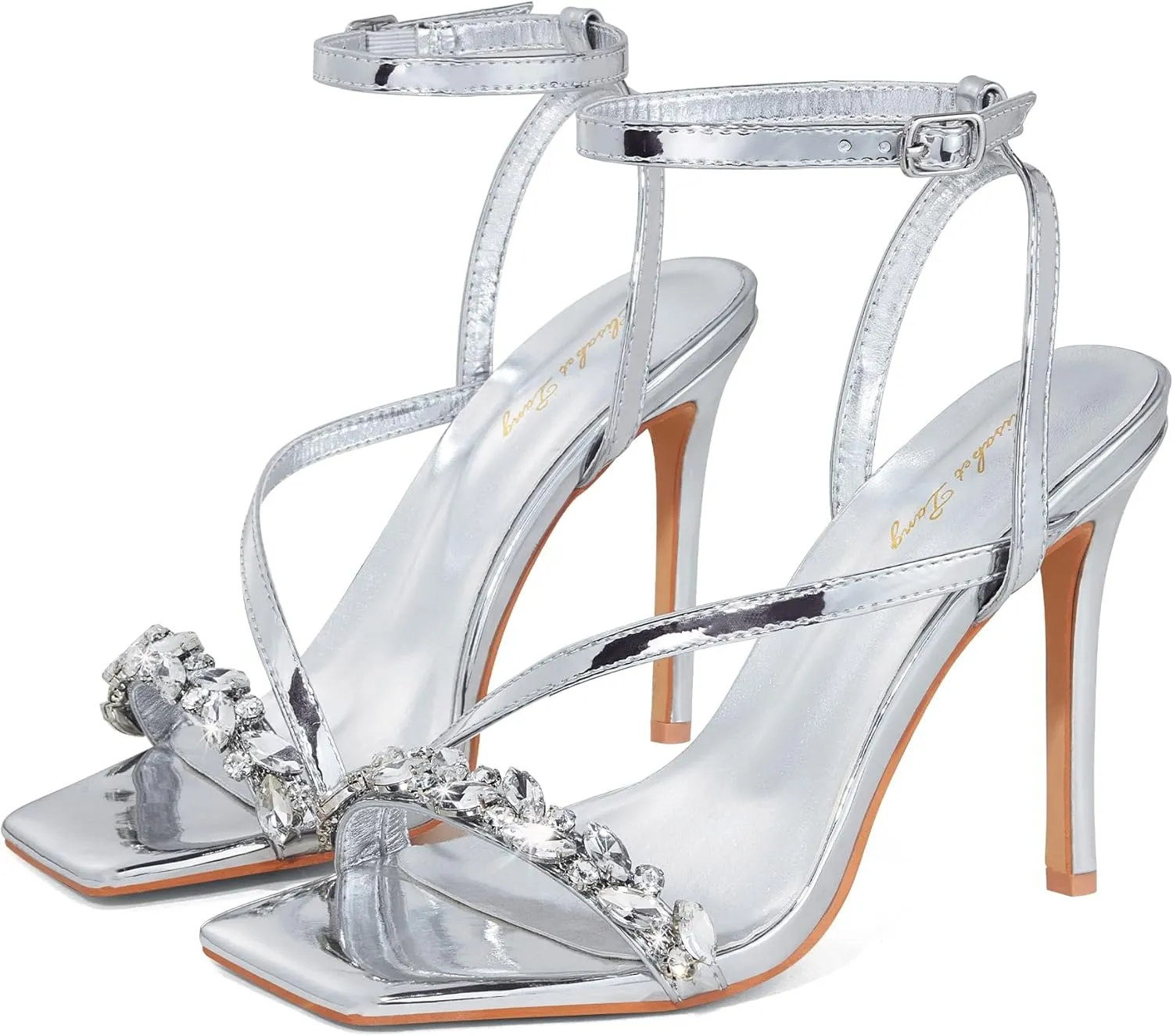 Elisabet Tang Women’s Crystal Stilettos Heeled Sandals, 4 Inch Square Open Toe Strappy Sexy High Heels Ankle Strap Buckle Heels for Party Wedding Dress Daily Wear Shoes