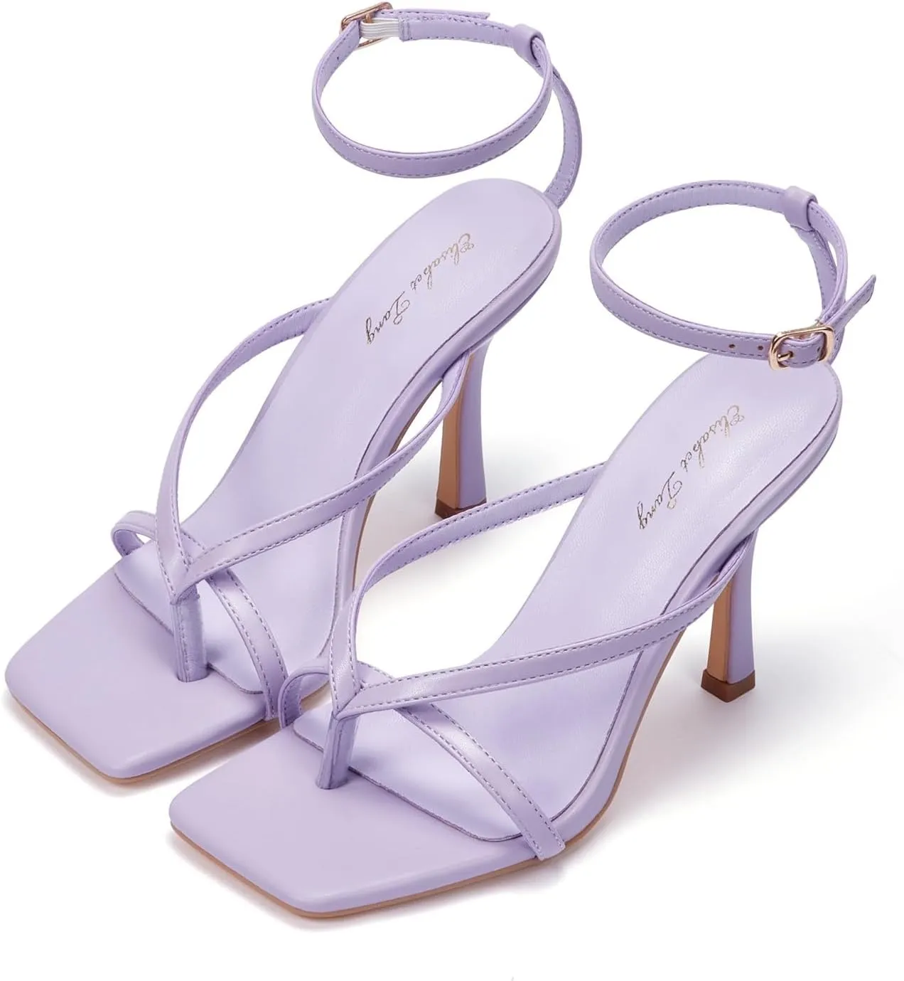 Elisabet Tang Womens Square Toe Heeled Sandals,4.3 inch Square Toe Thong Strappy Ankle Strap Stiletto Heel Sandals Wedding Dress Party Shoes