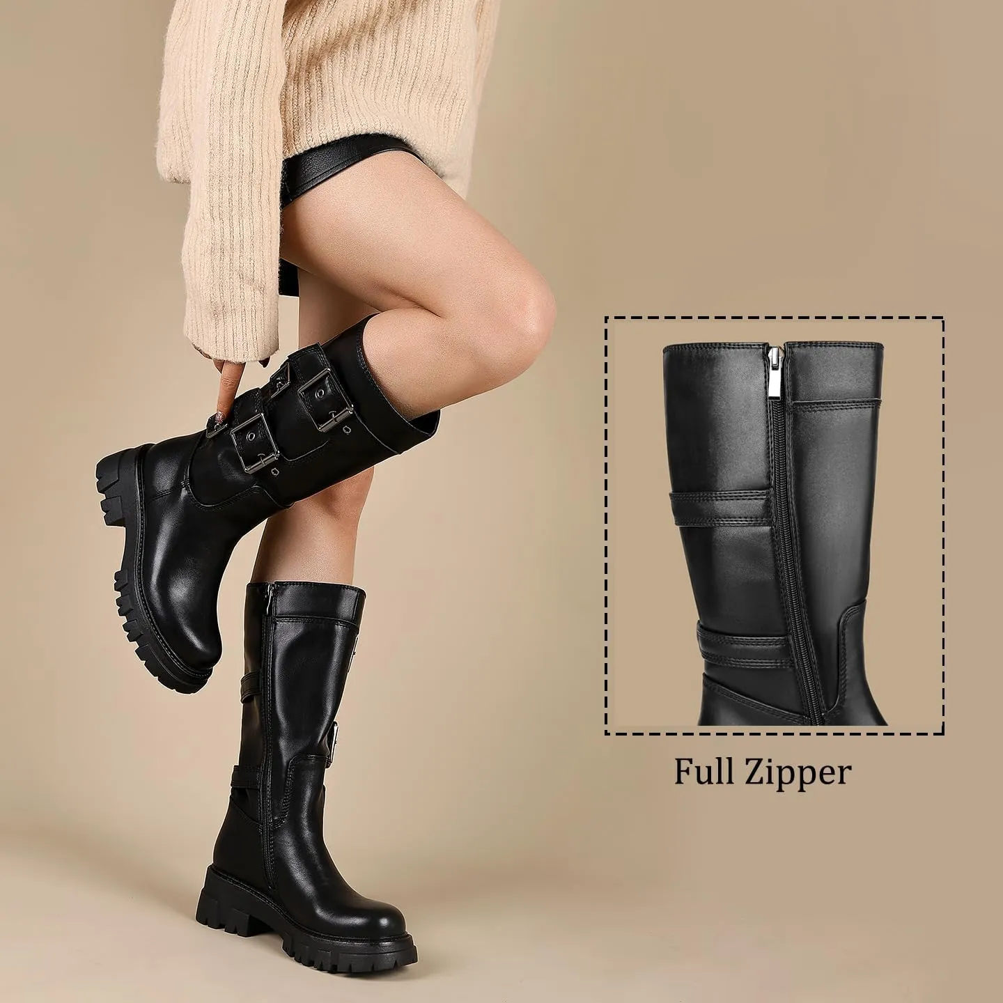 ErikenUrben Women's Knee High Riding Boots Chunky Heel Motorcycle Boots Round Toe