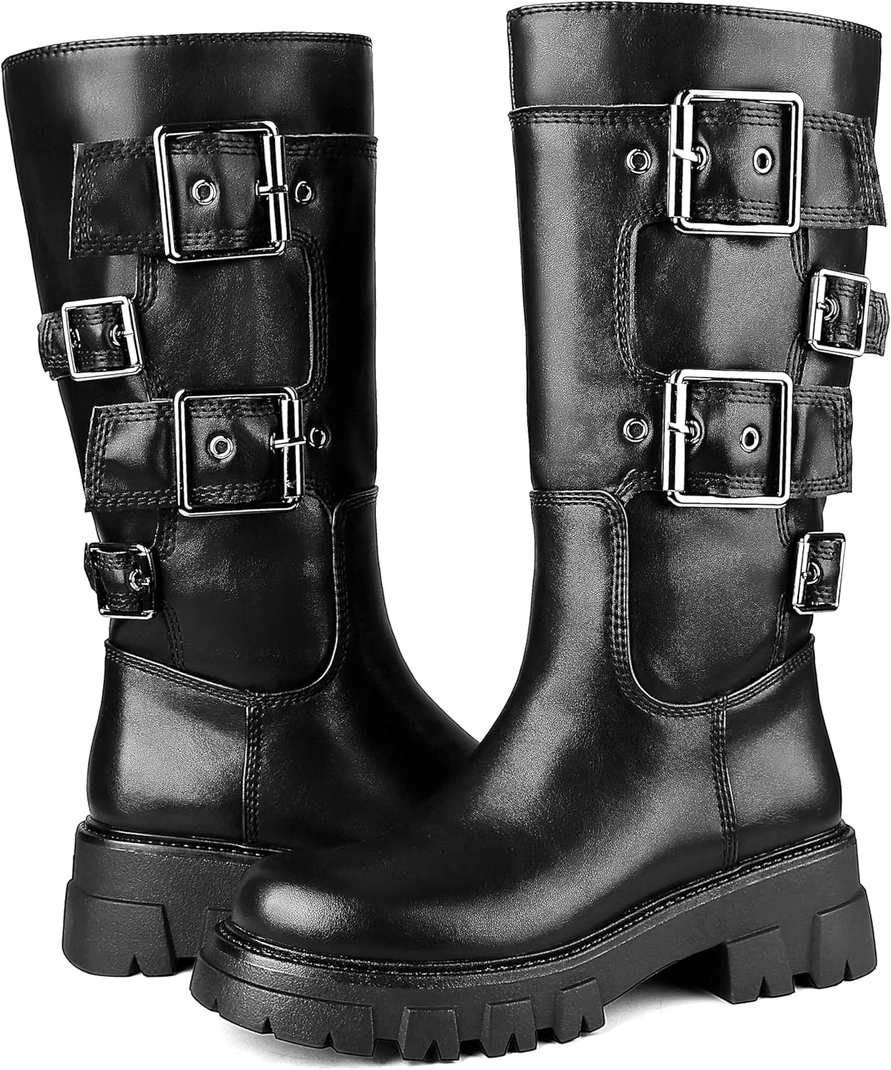 ErikenUrben Women's Knee High Riding Boots Chunky Heel Motorcycle Boots Round Toe