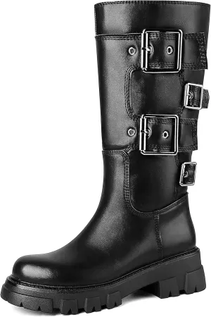 ErikenUrben Women's Knee High Riding Boots Chunky Heel Motorcycle Boots Round Toe
