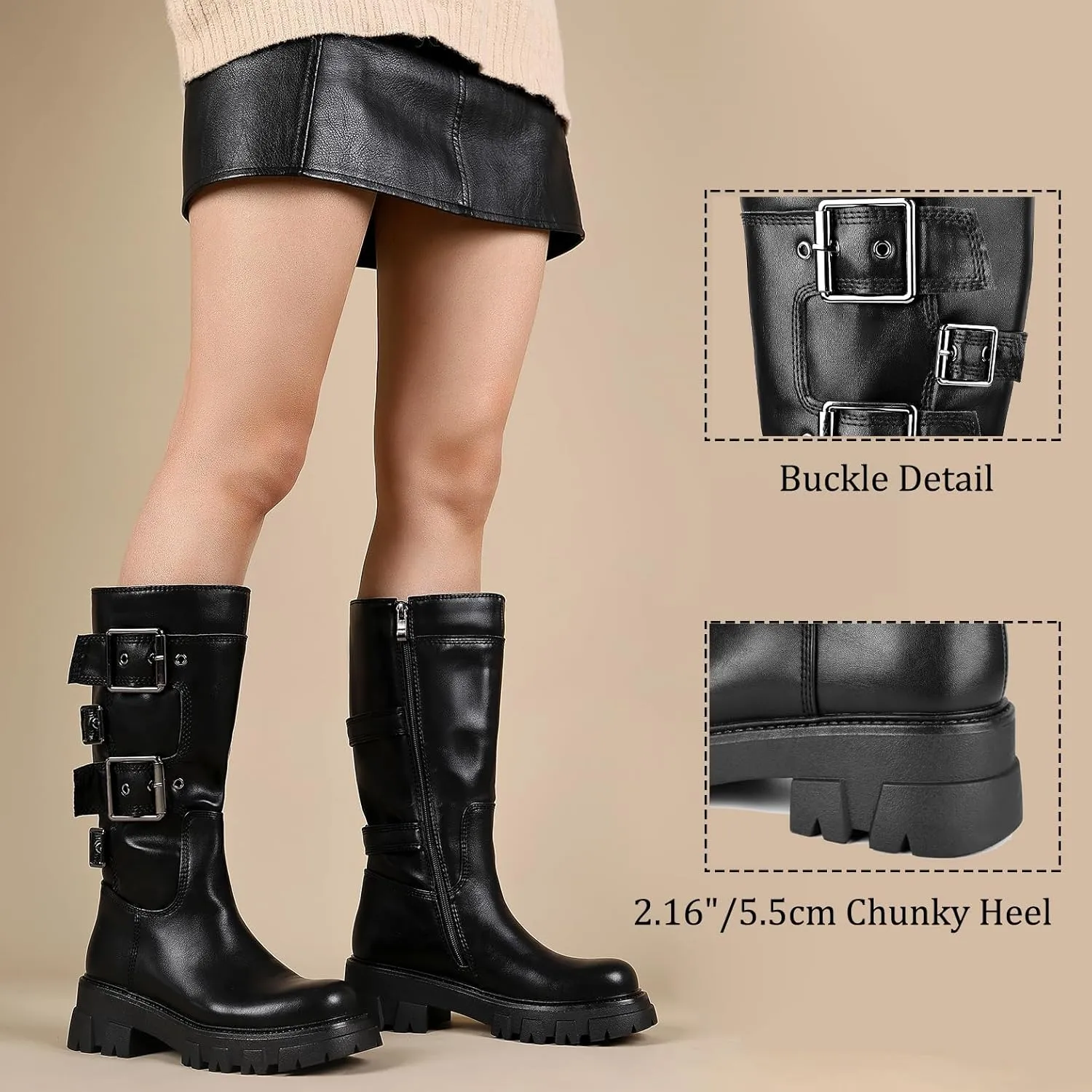 ErikenUrben Women's Knee High Riding Boots Chunky Heel Motorcycle Boots Round Toe