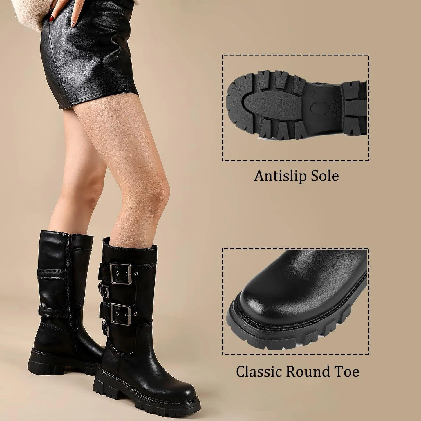 ErikenUrben Women's Knee High Riding Boots Chunky Heel Motorcycle Boots Round Toe
