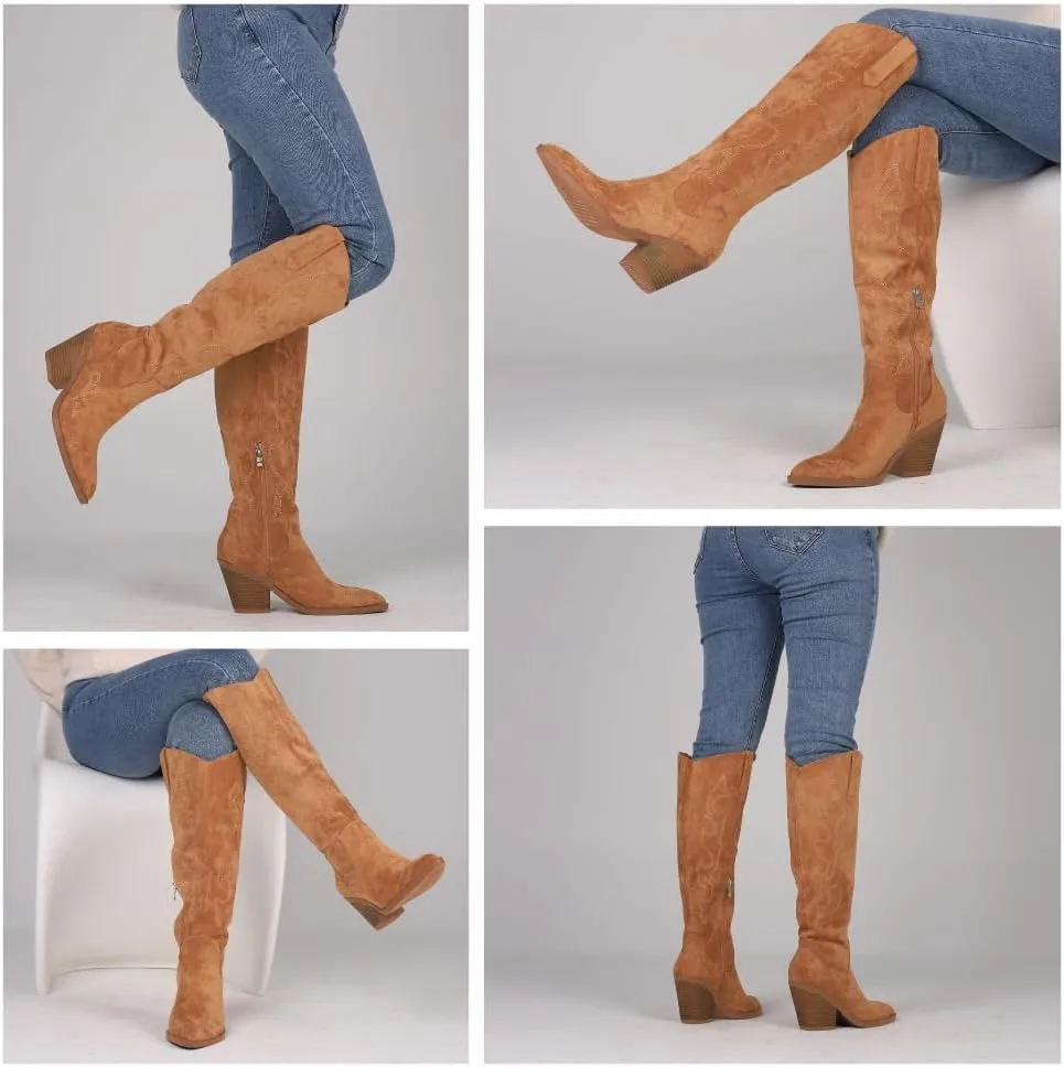 Erocalli Cowboy Boots for Women Cowgirl Knee High Boots Metallic Pull On Almond Toe Boots Embroidered Side Half Zip Western Boots