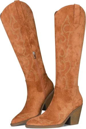 Erocalli Cowboy Boots for Women Cowgirl Knee High Boots Metallic Pull On Almond Toe Boots Embroidered Side Half Zip Western Boots