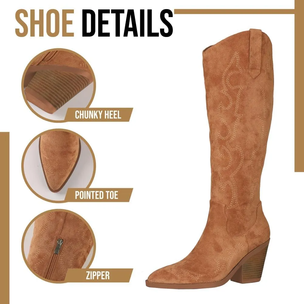 Erocalli Cowboy Boots for Women Cowgirl Knee High Boots Metallic Pull On Almond Toe Boots Embroidered Side Half Zip Western Boots
