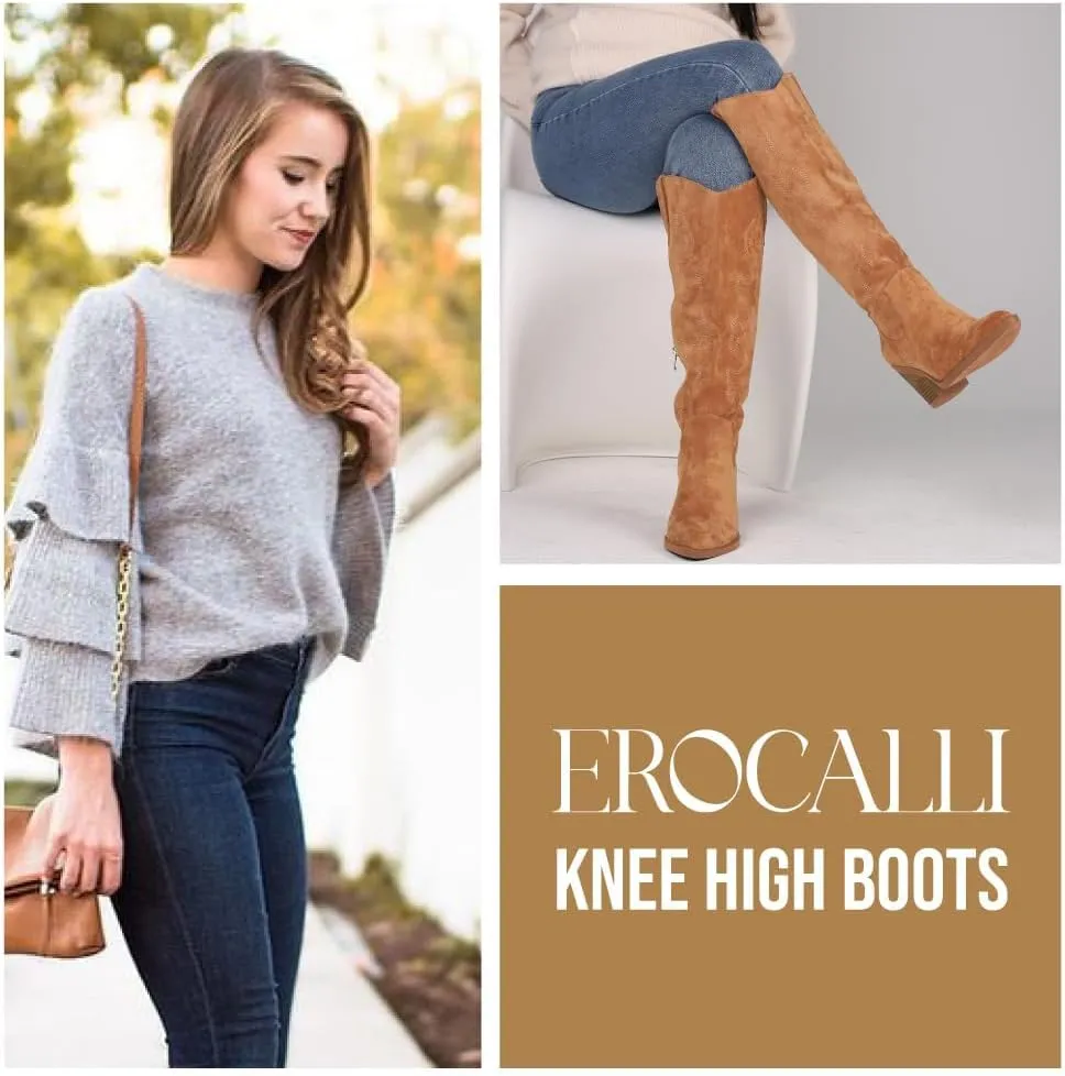 Erocalli Cowboy Boots for Women Cowgirl Knee High Boots Metallic Pull On Almond Toe Boots Embroidered Side Half Zip Western Boots