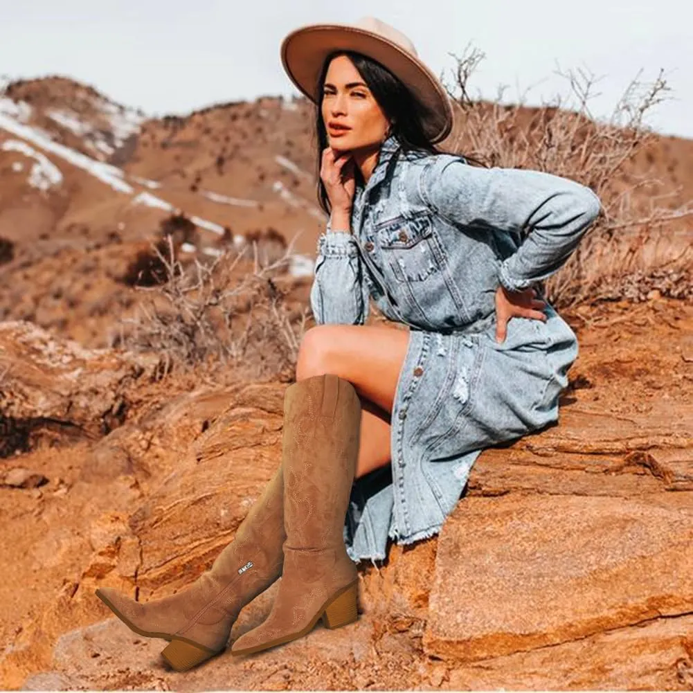 Erocalli Cowboy Boots for Women Cowgirl Knee High Boots Metallic Pull On Almond Toe Boots Embroidered Side Half Zip Western Boots