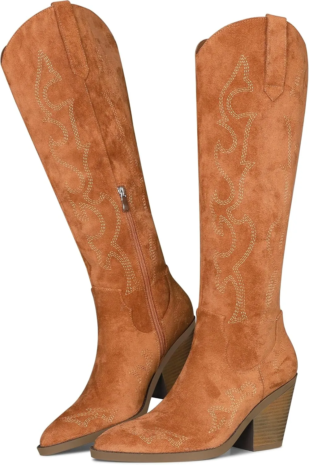 Erocalli Cowboy Boots for Women Cowgirl Knee High Boots Metallic Pull On Almond Toe Boots Embroidered Side Half Zip Western Boots