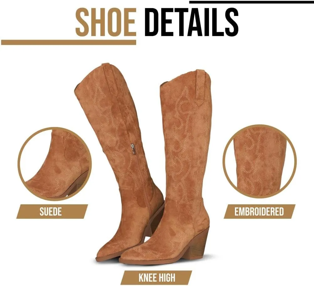 Erocalli Cowboy Boots for Women Cowgirl Knee High Boots Metallic Pull On Almond Toe Boots Embroidered Side Half Zip Western Boots