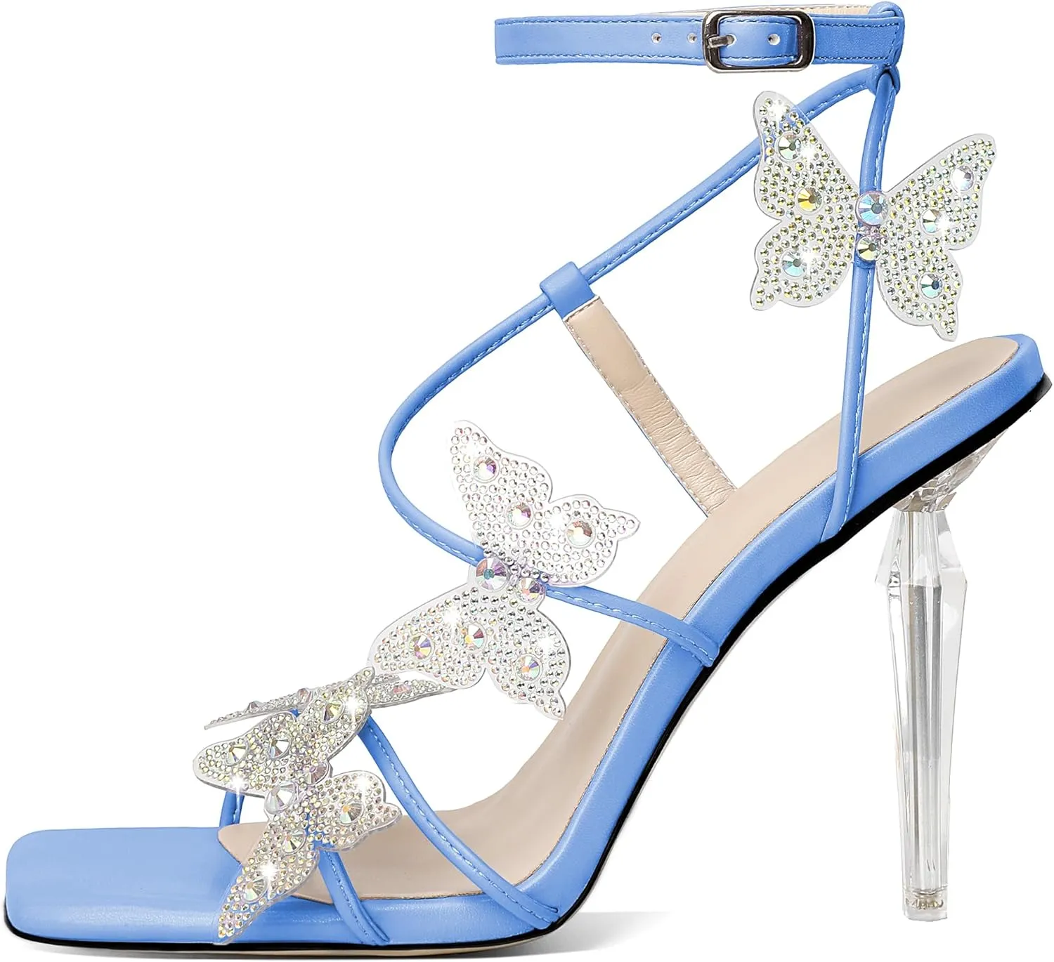 Esvowido High Heel Sandals for Women, Ankle Strap Butterfly Strappy Open Toe High Heels, Square Toe Clear Stiletto Heeled Sandals, Butterfly Heels 4 Inches