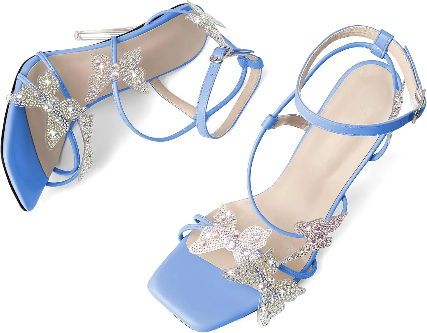Esvowido High Heel Sandals for Women, Ankle Strap Butterfly Strappy Open Toe High Heels, Square Toe Clear Stiletto Heeled Sandals, Butterfly Heels 4 Inches