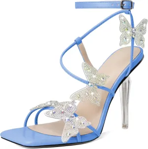 Esvowido High Heel Sandals for Women, Ankle Strap Butterfly Strappy Open Toe High Heels, Square Toe Clear Stiletto Heeled Sandals, Butterfly Heels 4 Inches