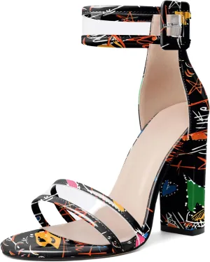 Esvowido Women's Open Toe Denim High Heeled Sandals Fashion Comfortable Ankle Strap Tassel Chunky Block Heels