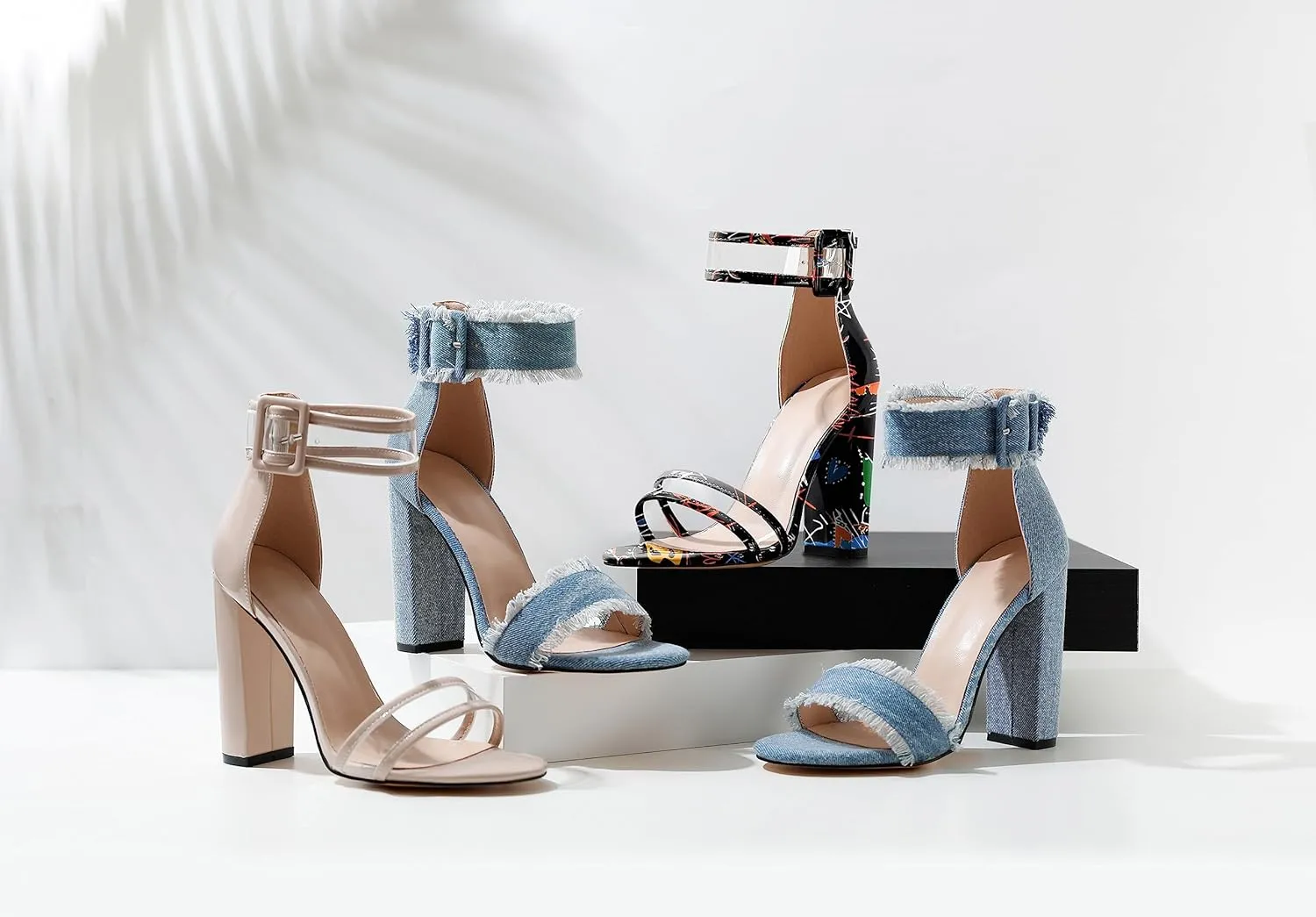 Esvowido Women's Open Toe Denim High Heeled Sandals Fashion Comfortable Ankle Strap Tassel Chunky Block Heels