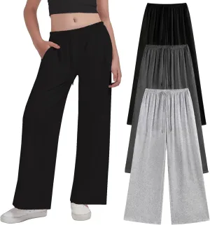 EXARUS 3 Pack Girl's Wide Leg Baggy Sweatpants Flowy Drawstring Waist Loose Long Sweat Pants Casual for Teen 8-14Y