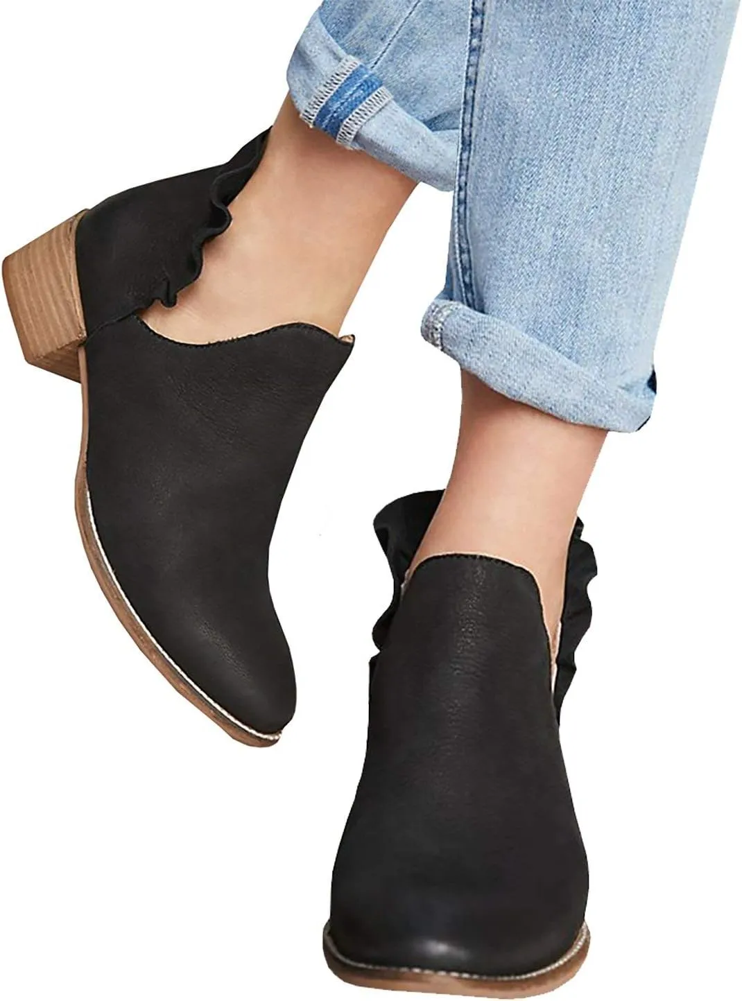Fashare Womens Fall Cutout Booties Ankle Heels Low Stacked Ruffle Slip On Dress Short Boots Shoes