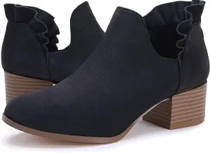 Fashare Womens Fall Cutout Booties Ankle Heels Low Stacked Ruffle Slip On Dress Short Boots Shoes