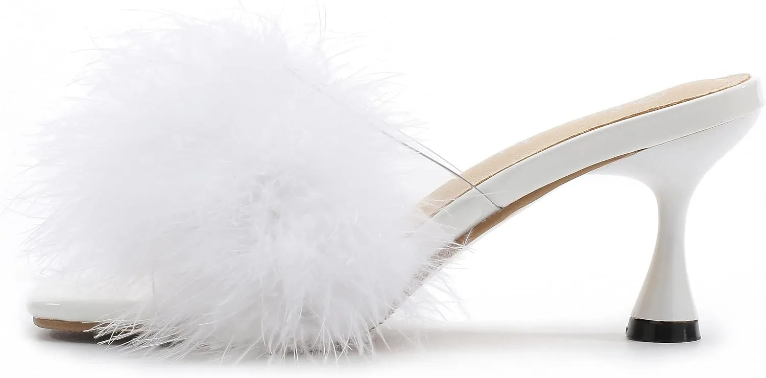 fereshte Women's Feather Heels Sandals Fluffy Fur Clear Strap Slip On Square Toe Kitten Mules