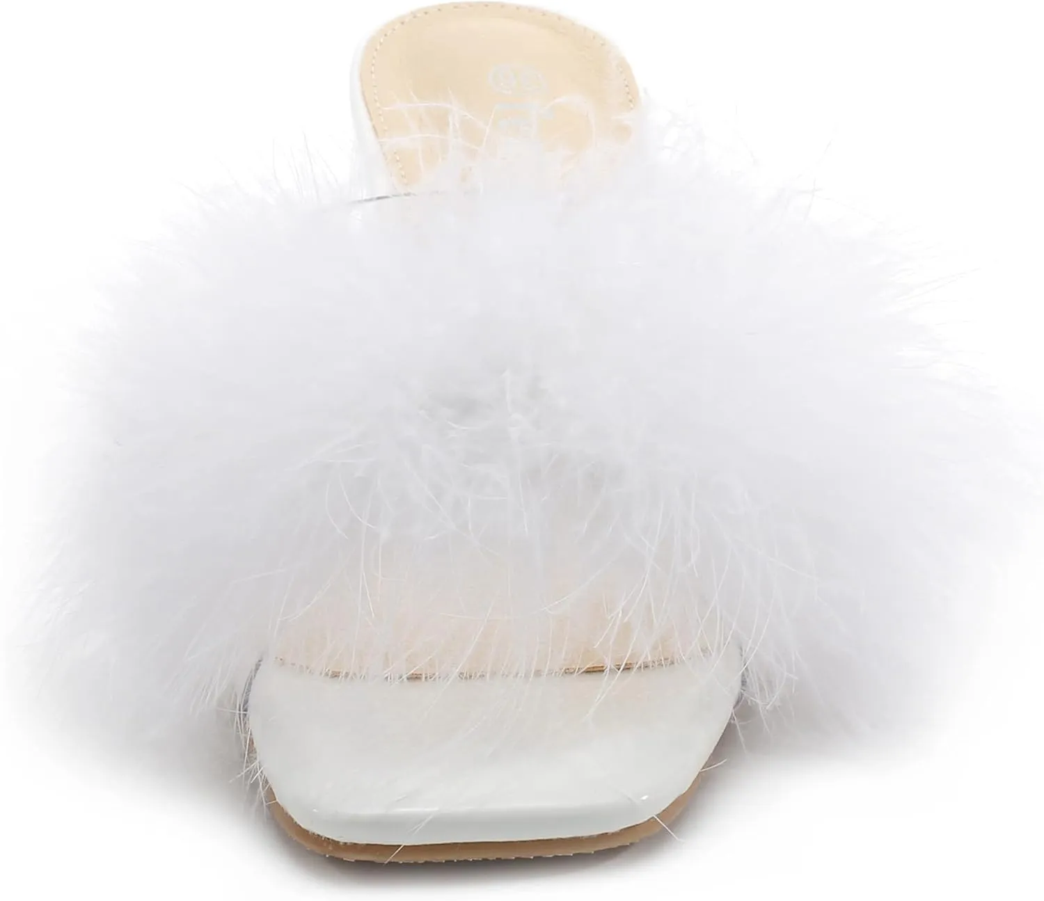 fereshte Women's Feather Heels Sandals Fluffy Fur Clear Strap Slip On Square Toe Kitten Mules