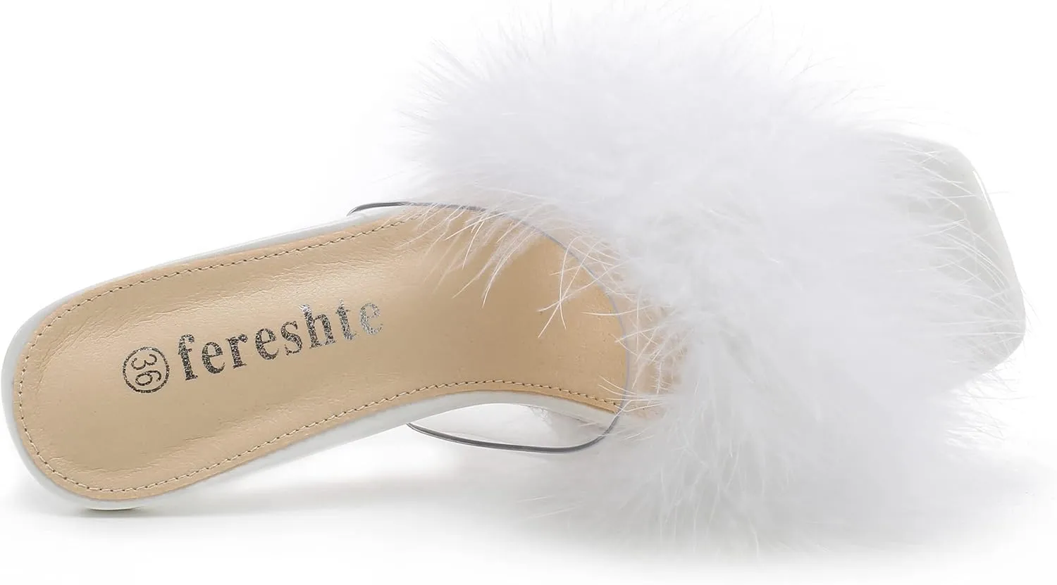 fereshte Women's Feather Heels Sandals Fluffy Fur Clear Strap Slip On Square Toe Kitten Mules