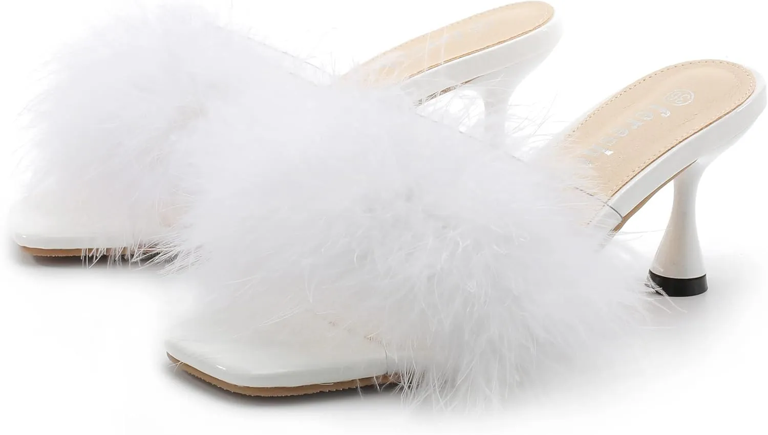fereshte Women's Feather Heels Sandals Fluffy Fur Clear Strap Slip On Square Toe Kitten Mules