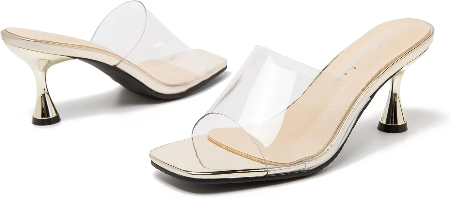 fereshte Womens Hollow Out Flower Sandals Slip On Sandals Square Toe Kitten Heeled Mules