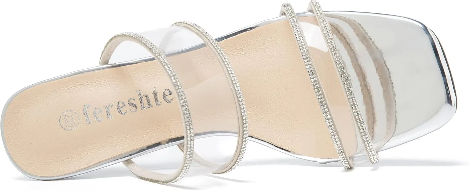 fereshte Women's Two Straps Clear Heels Slip On Square Toe Rhinestone Transparent Clear Block Heel Sandals