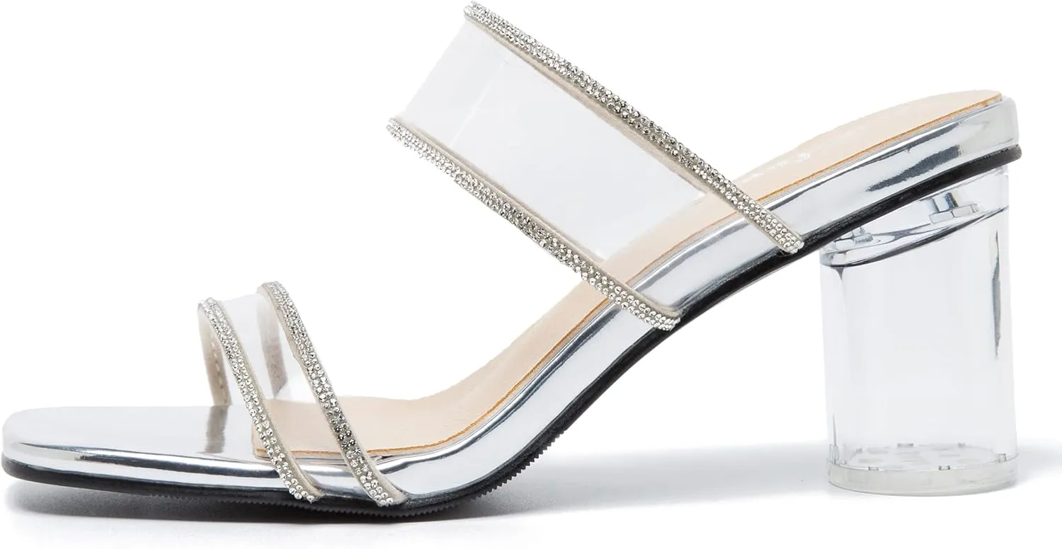 fereshte Women's Two Straps Clear Heels Slip On Square Toe Rhinestone Transparent Clear Block Heel Sandals