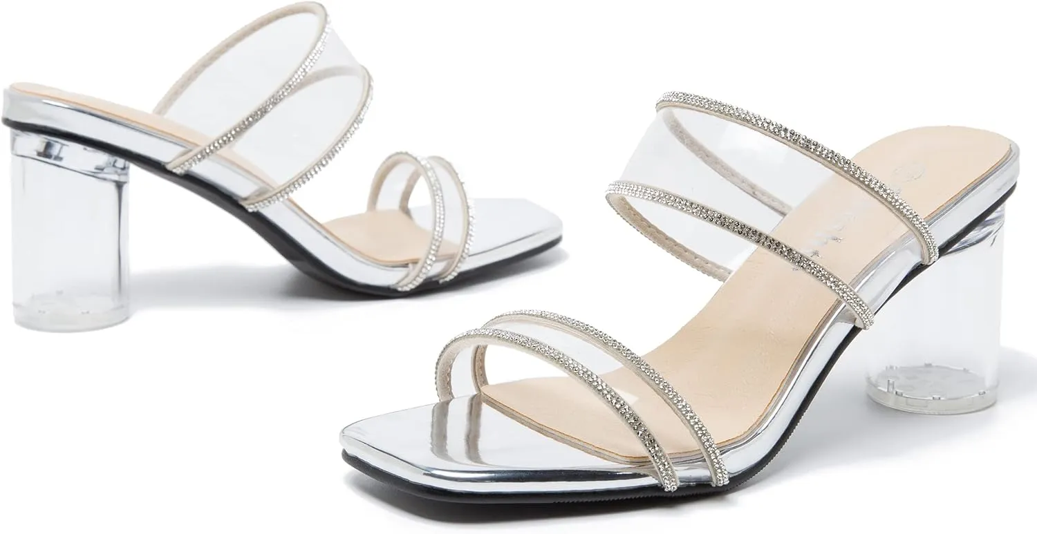 fereshte Women's Two Straps Clear Heels Slip On Square Toe Rhinestone Transparent Clear Block Heel Sandals