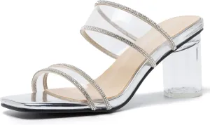 fereshte Women's Two Straps Clear Heels Slip On Square Toe Rhinestone Transparent Clear Block Heel Sandals